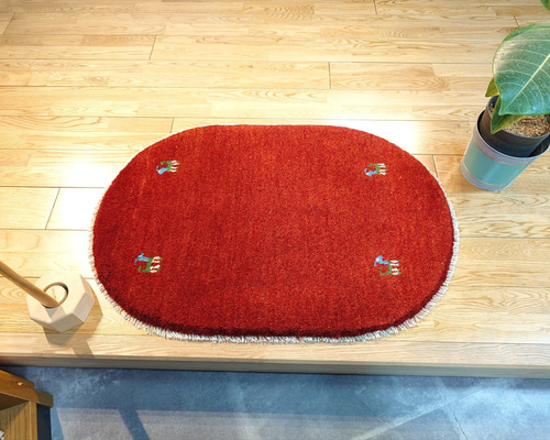 ペルシャ ギャッベ 玄関マット ラグ 90Φ60cm 楕円形 小判型 赤色