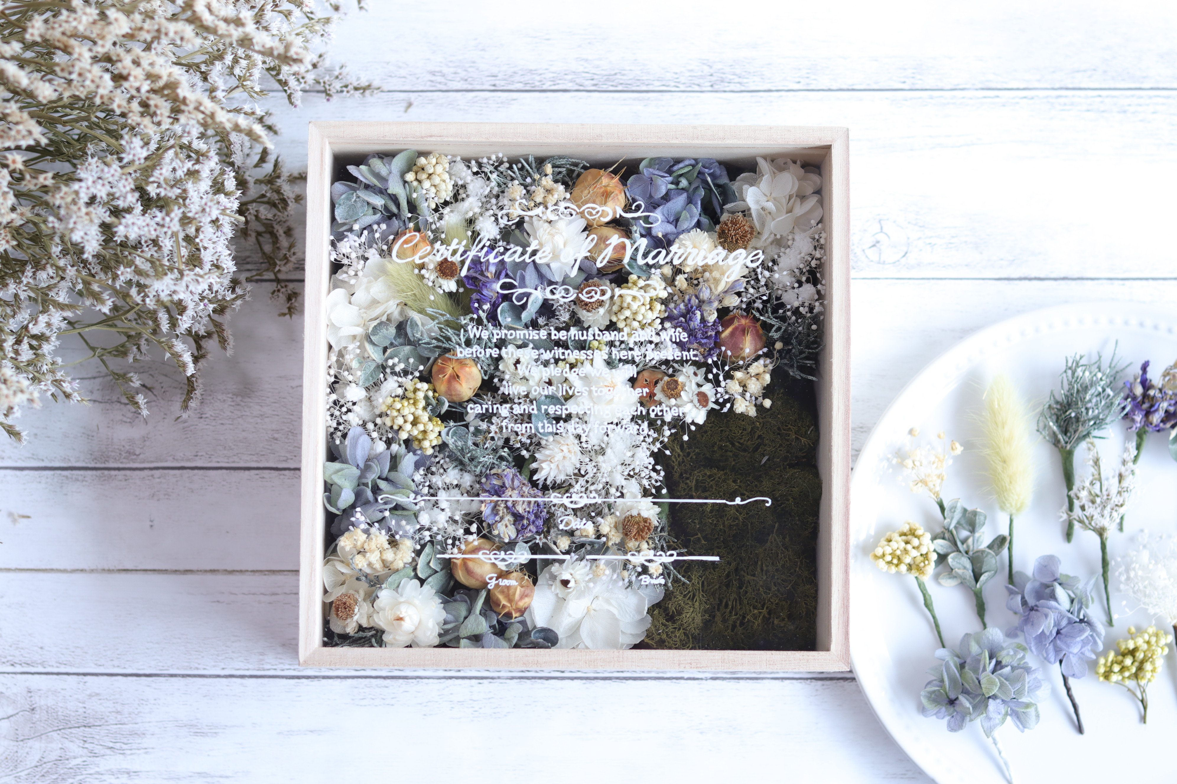 【参加型結婚証明書】“小花をいっぱいに詰め込んで”桐箱フレーム～風船ポピー&デルフィニウムのナチュラルグリーン～50名～
