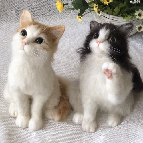 羊毛フェルト　猫　子猫 羊毛フェルト 猫 籠入り仲良し子猫ちゃん ねこ ネコ 羊毛フェルト