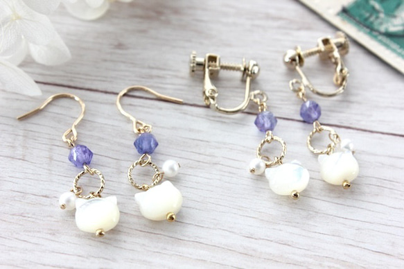 14kgf 猫とベビーパールとタンザナイトのピアス／イヤリング(白蝶貝) ☆Tanzanite☆ 6枚目の画像
