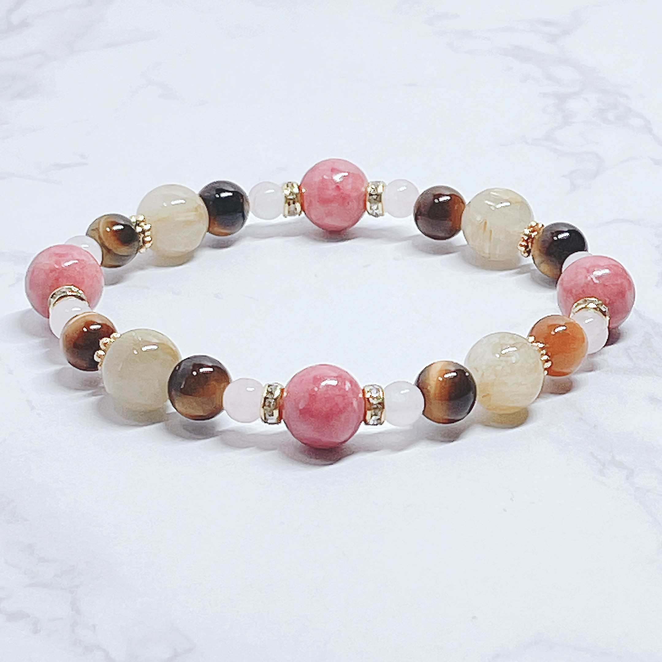 ✦女性の欲張りブレス♪仕事も家庭も友情も◎ ルチルクォーツ・ロードナイト・タイガーアイ天然石ブレス No796