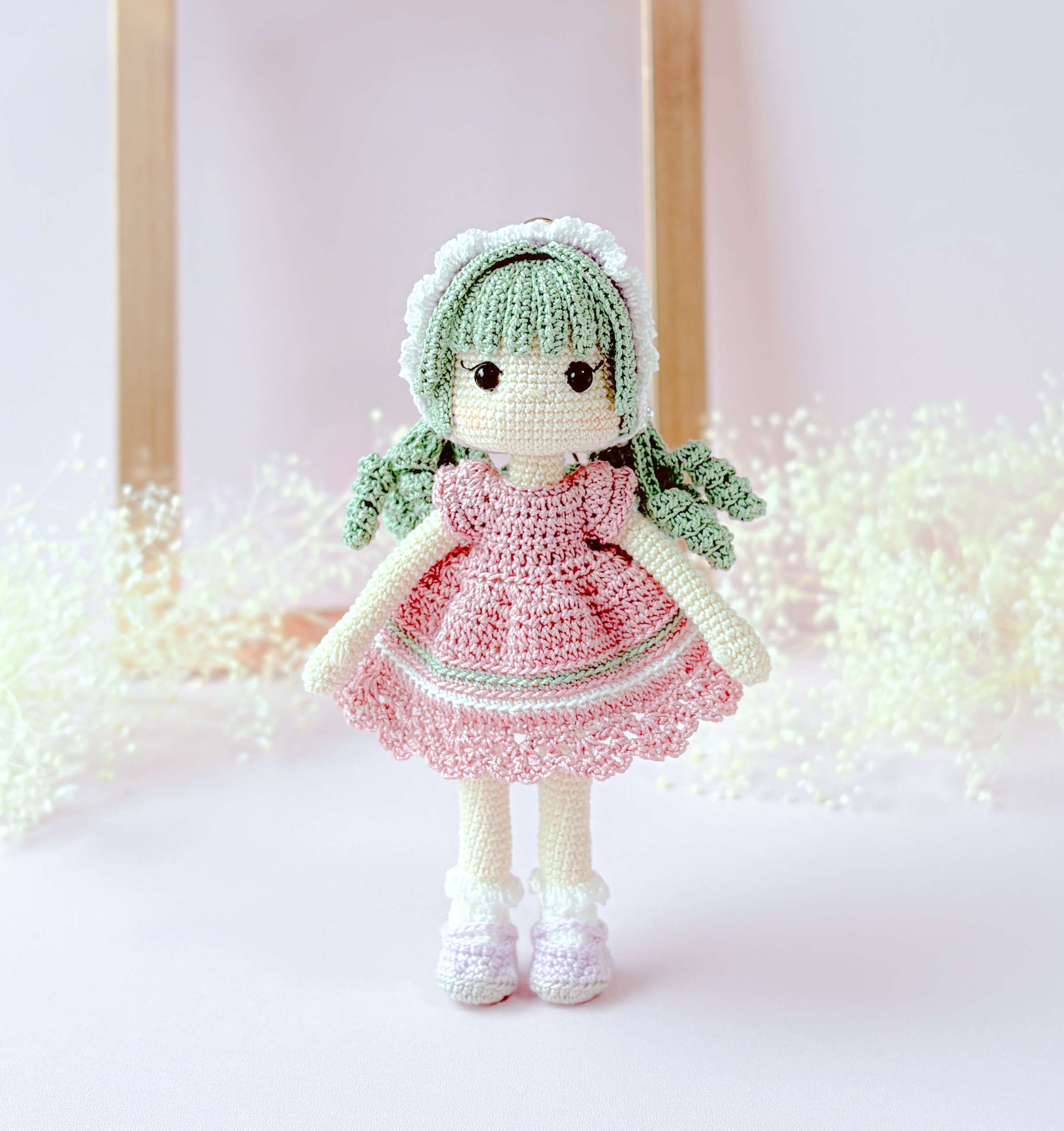 {Little girl}あみぐるみ バッグチャーム/ヘッドドレスとグリーンヘアーの女の子