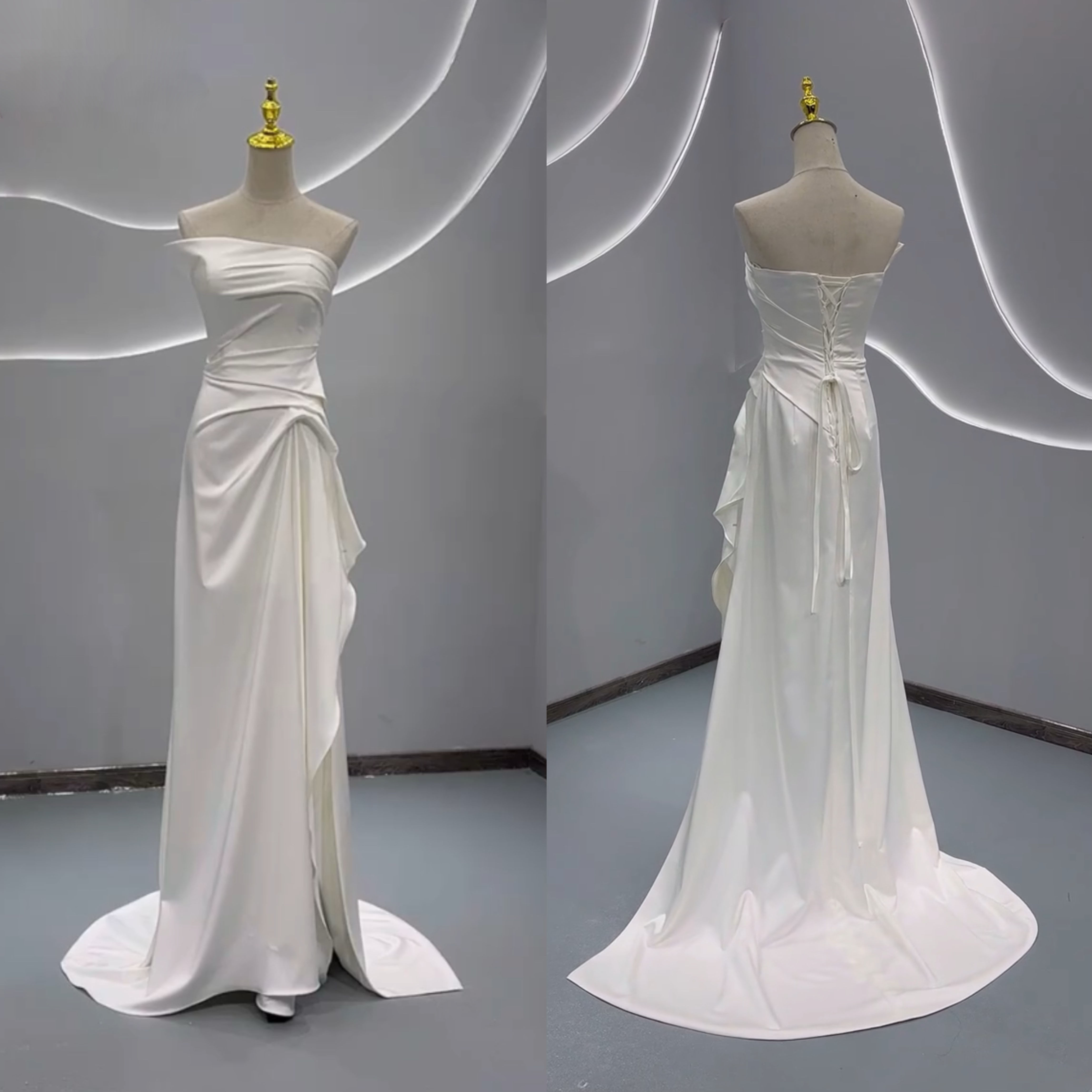 上品スレンダーライン　ラッフルスカート　フリル　ホワイト　カラー変更可能　編み上げ　フロントスリット　サテン結婚式二次会