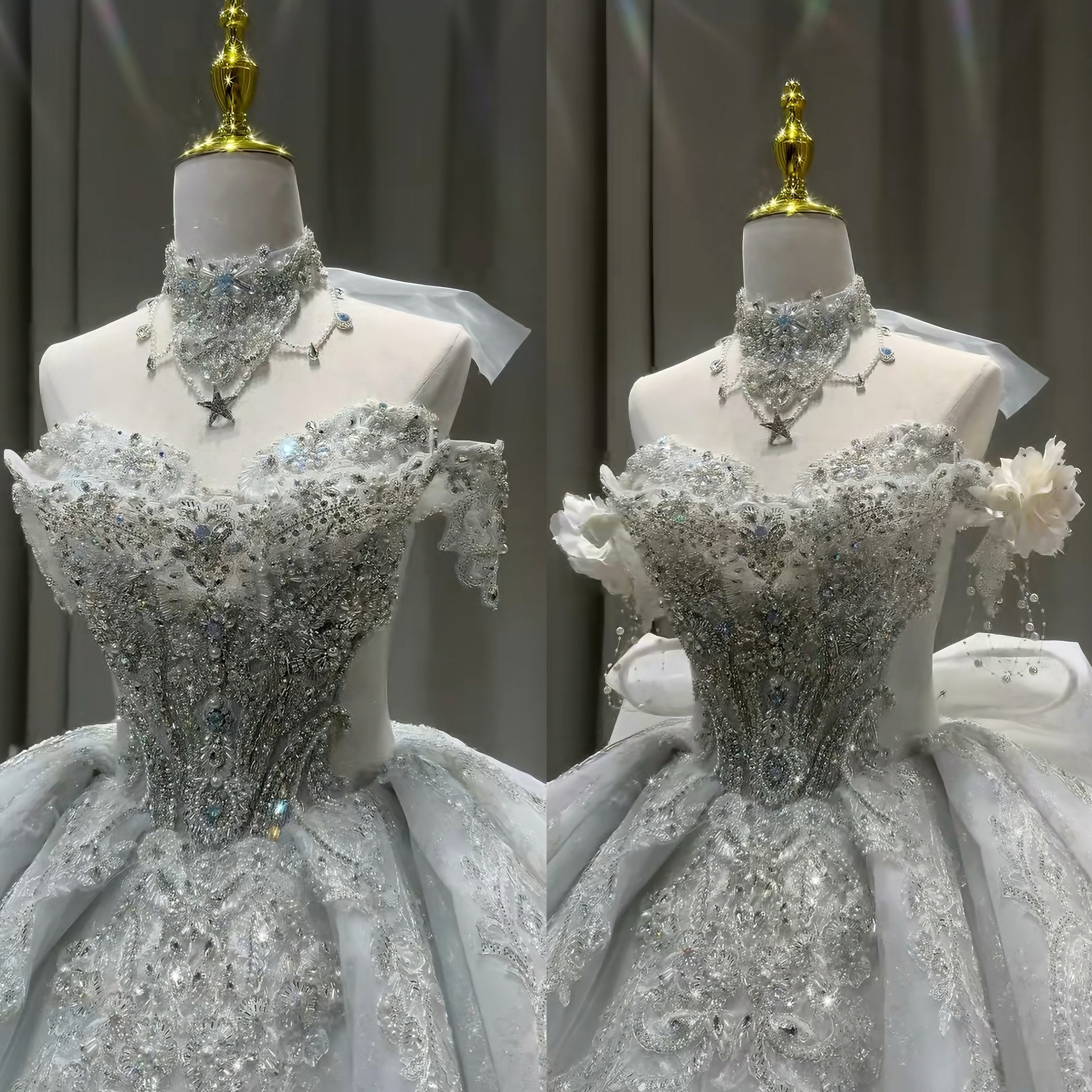 2ways2025最新品位　取り外し可能お袖　バックハート　お花飾り　フラワー　ホワイト　優雅　レース付き　プリンセス