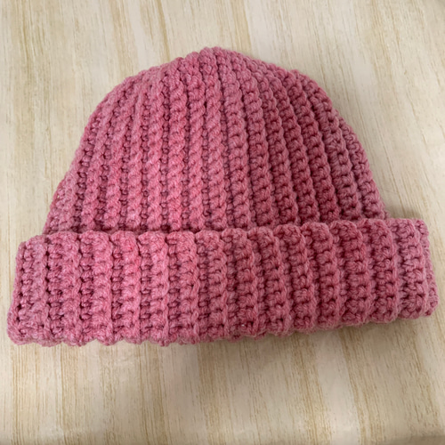 a37】かぎ針編み 春 桜苺 ピンク シンプル リブ ニット帽 ビーニー