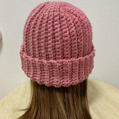 a37】かぎ針編み 春 桜苺 ピンク シンプル リブ ニット帽 ビーニー