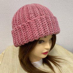 a37】かぎ針編み 春 桜苺 ピンク シンプル リブ ニット帽 ビーニー