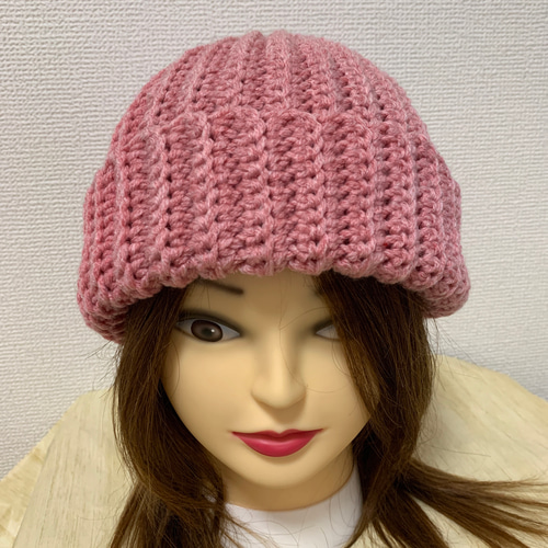 a37】かぎ針編み 春 桜苺 ピンク シンプル リブ ニット帽 ビーニー