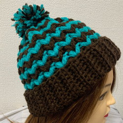 a38】爽やか チョコミント ぽんぽん付き ハート編み ニット 帽子