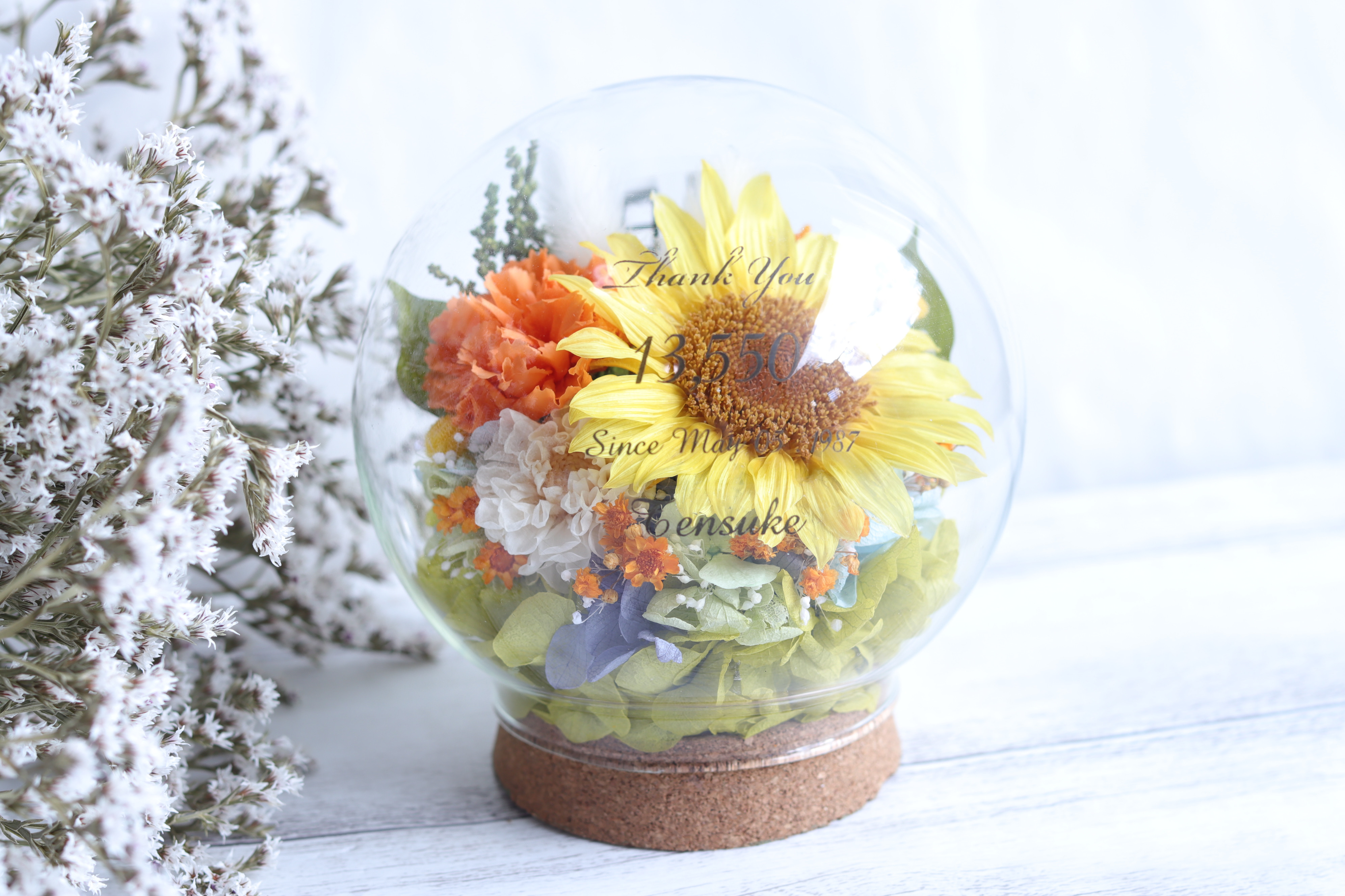 【両親贈呈や大切な方に】“感謝状”フラワーガラスドームＳ～向日葵とパステルカラーの花畑～＊結婚式・子育て・誕生日・出産