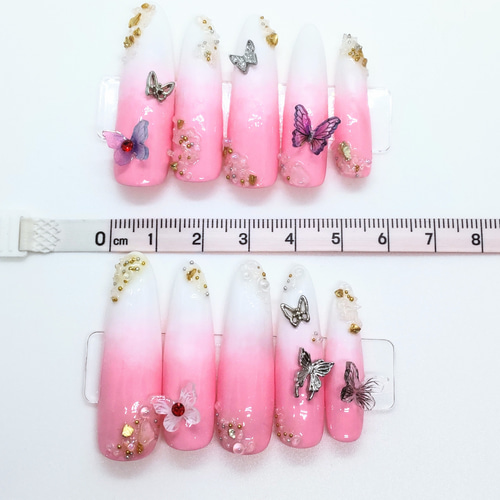 ネイルチップ：つけ爪：ロング：長め：蝶：ピンク ネイルチップ