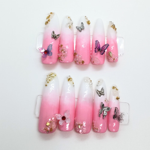 ネイルチップ：つけ爪：ロング：長め：蝶：ピンク ネイルチップ