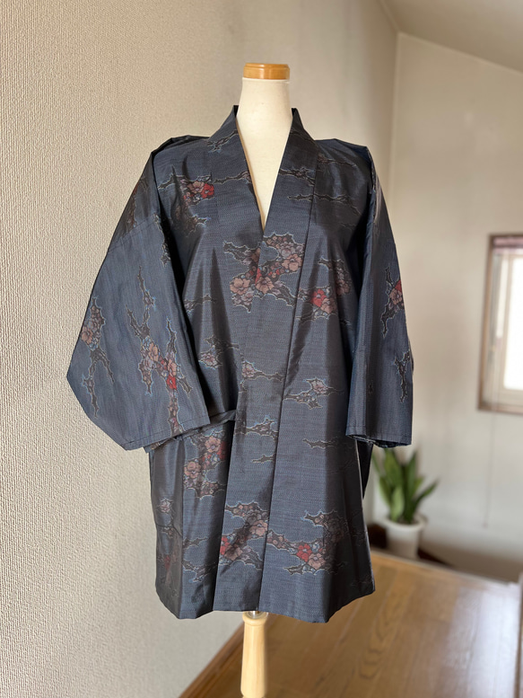 大島紬 着物リメイク作務衣 三色花柄 お洒落上着 やまと誂えお着物