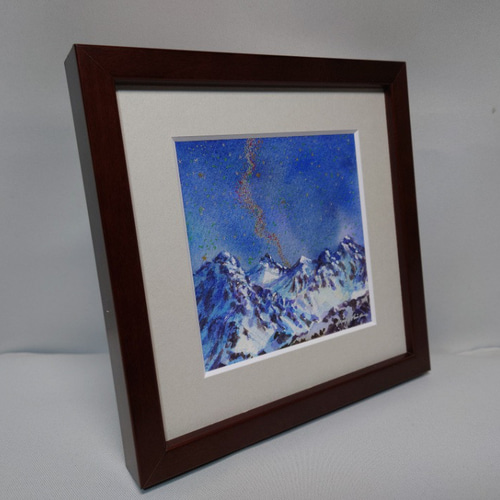 春の星座と槍ヶ岳」 アート 水彩画 透明水彩＋ペンで描写 小品 山岳画