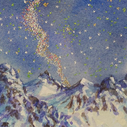 春の星座と槍ヶ岳」 アート 水彩画 透明水彩＋ペンで描写 小品 山岳画