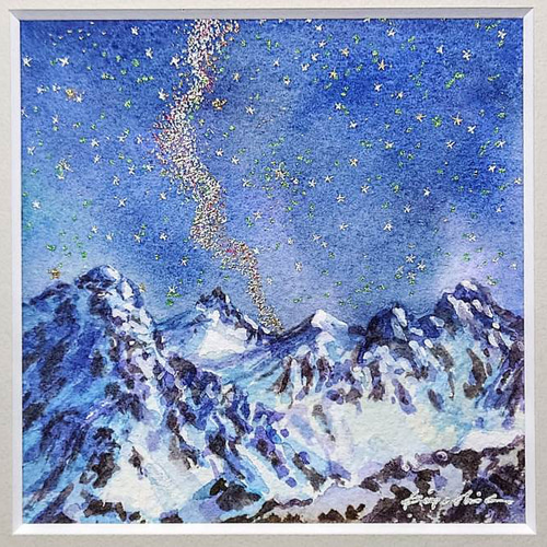春の星座と槍ヶ岳」 アート 水彩画 透明水彩＋ペンで描写 小品 山岳画