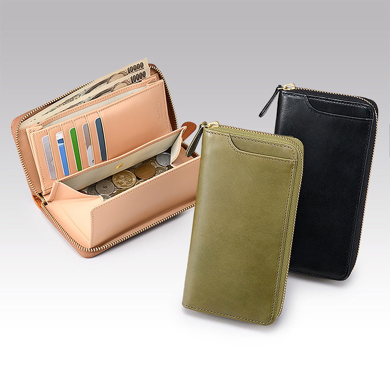 ミラグロ 栃木レザー・スマートギャルソンウォレット ラウンドファスナー ヌメ革 大容量 MILAGRO[TF-W001]