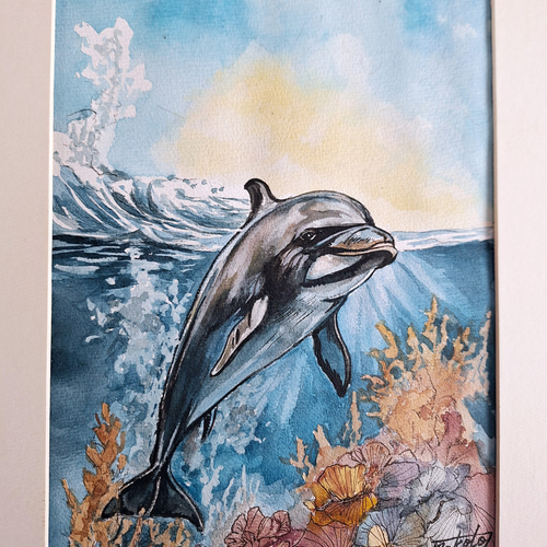 イルカの絵 水彩画 イルカの遊泳 絵画 makochin 通販 18868787｜Creema(クリーマ)