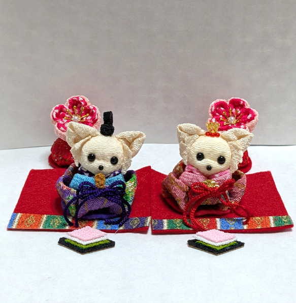 ちりめん細工 チワワのお雛様セット ロングコートチワワ、クリーム