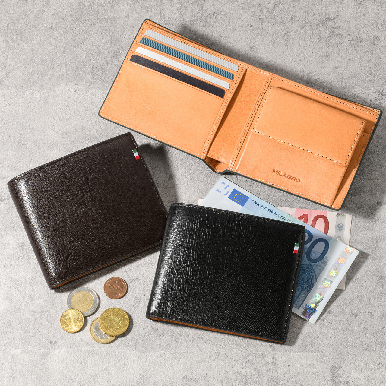 ミラグロ 伊・ボナウド社パルメラートゴート 二つ折り財布 小銭入れ付き 手もみ革 MILAGRO [CA-PG-653]