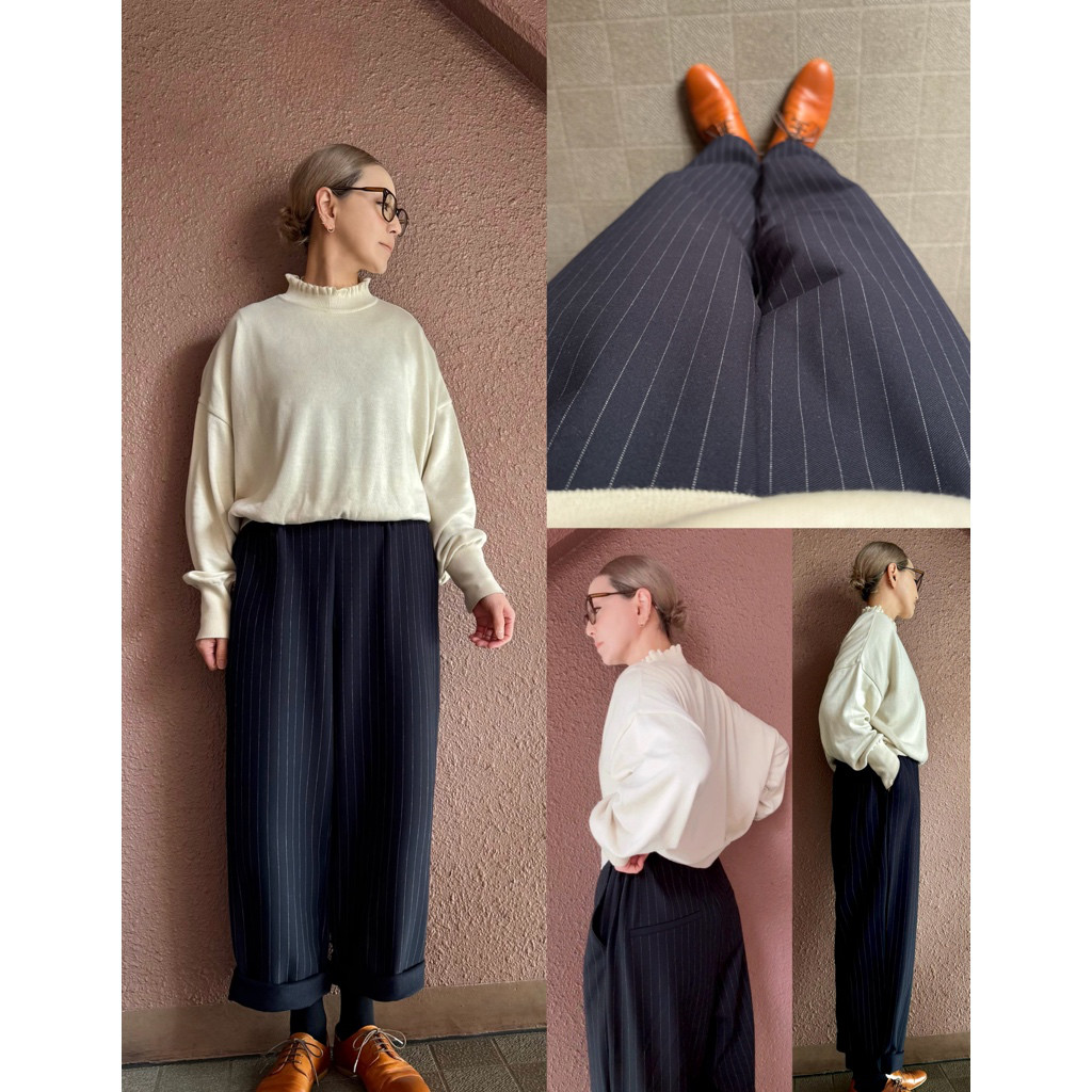 長さ選べる❣️ あたたかい保温素材❤️腰まわりすっきパンツ❤️タテヨコ伸びる伸縮性❤️防シワ❤️紺ピンストライプ