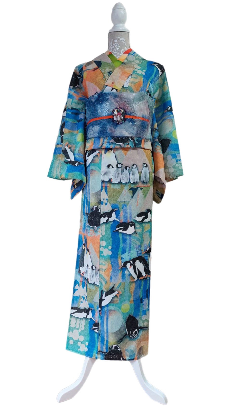 浴衣　ペンギン柄　ブルー