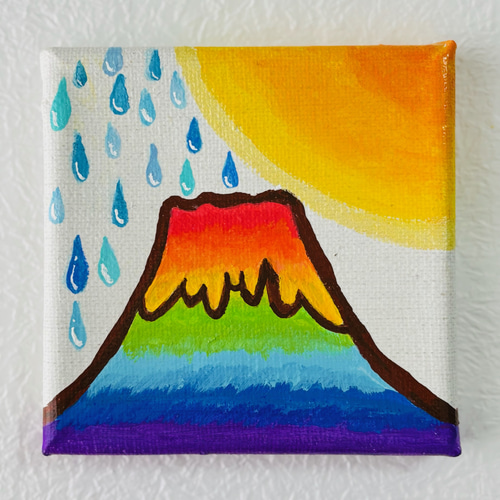 10cm】富士山 太陽 雨 虹色 キャンバスアート カラフル アクリル