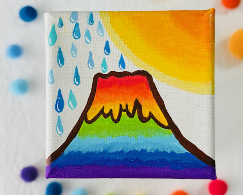 10cm】富士山 太陽 雨 虹色 キャンバスアート カラフル アクリル