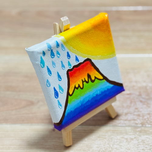 10cm】富士山 太陽 雨 虹色 キャンバスアート カラフル アクリル