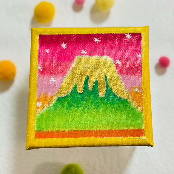 富士山 アクリル画 金色フレーム 10cm】富士山 黄金フレーム キャンバスアート カラフル アクリル