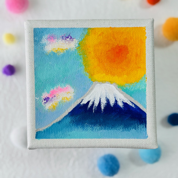 10cm】太陽と富士山 キャンバスアート カラフル アクリル絵の具