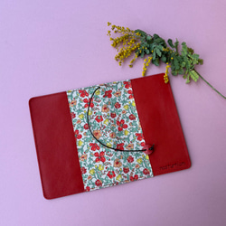 牛革×リバティープリント　ブックカバー（文庫本サイズ）　レッド 3枚目の画像