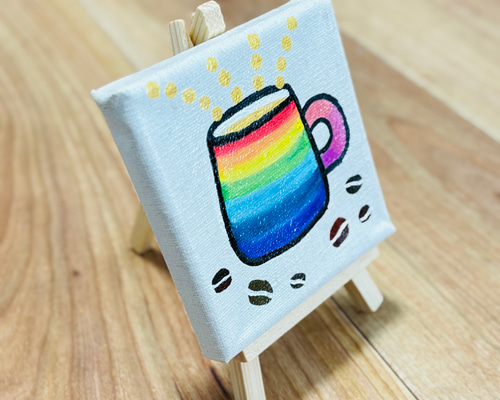 10cm】コーヒーカップ 虹色 キャンバスアート カラフル アクリル