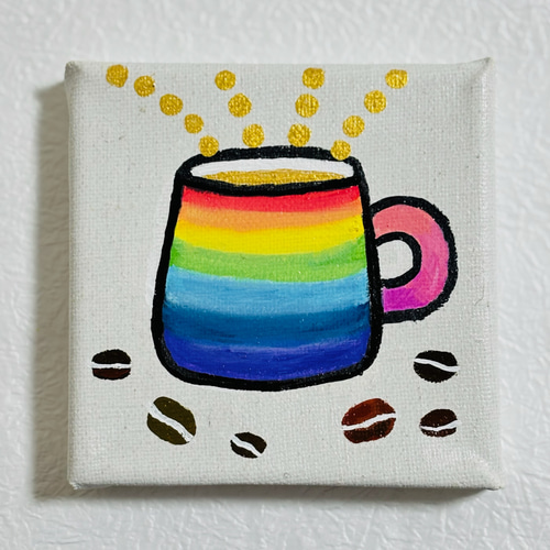 10cm】コーヒーカップ 虹色 キャンバスアート カラフル アクリル