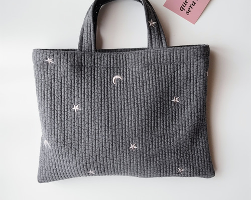 taka様　ヌビ　刺繍月星/ダークグレー　レッスンバック　上履き入れ　体操着袋 メール便不可】刺繍ヌビレッスンバッグ／単品販売