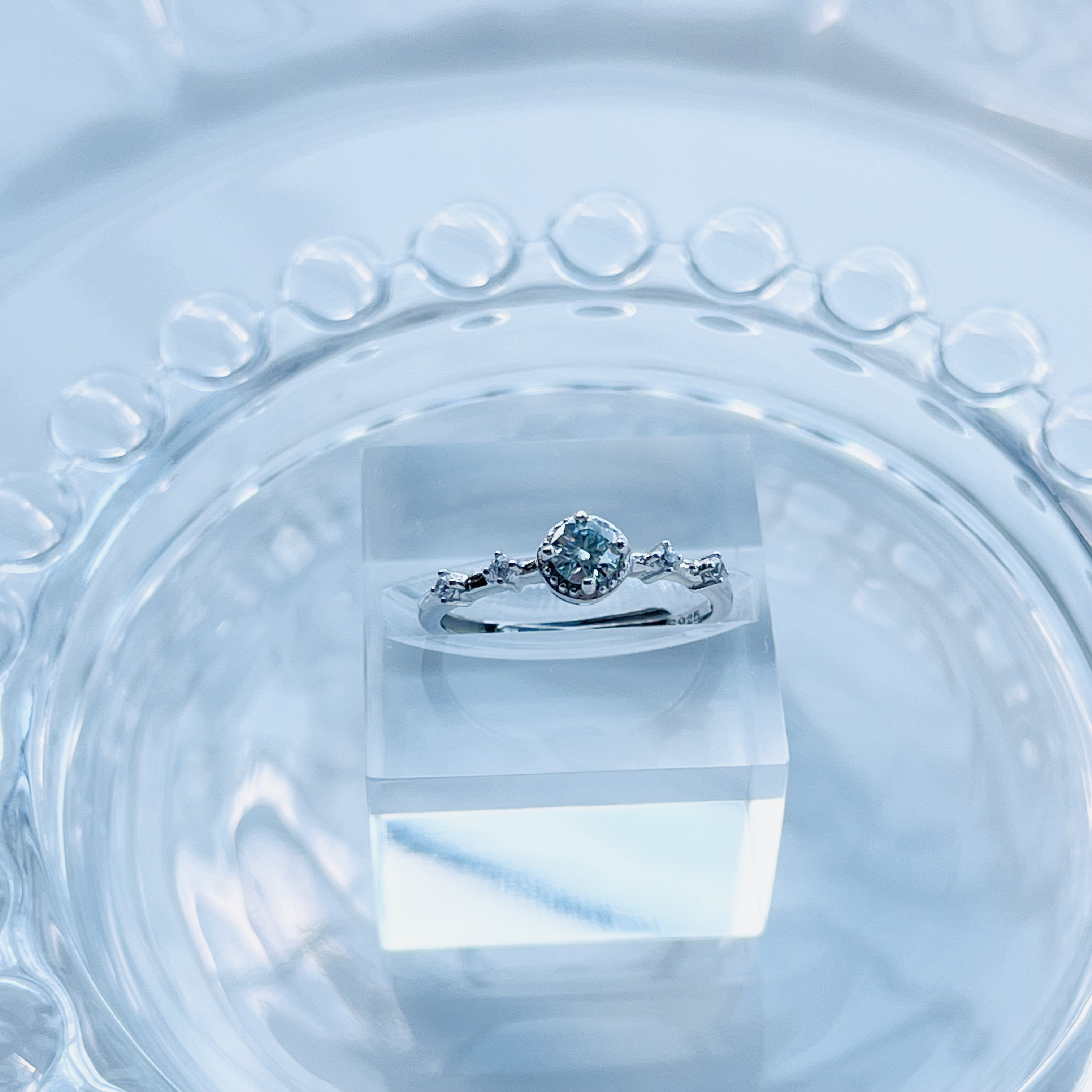 silver925 モアサナイト〜ブルーグリーン☆*:.｡.ミルフレームczレースリング【モアサナイトS サイズ】