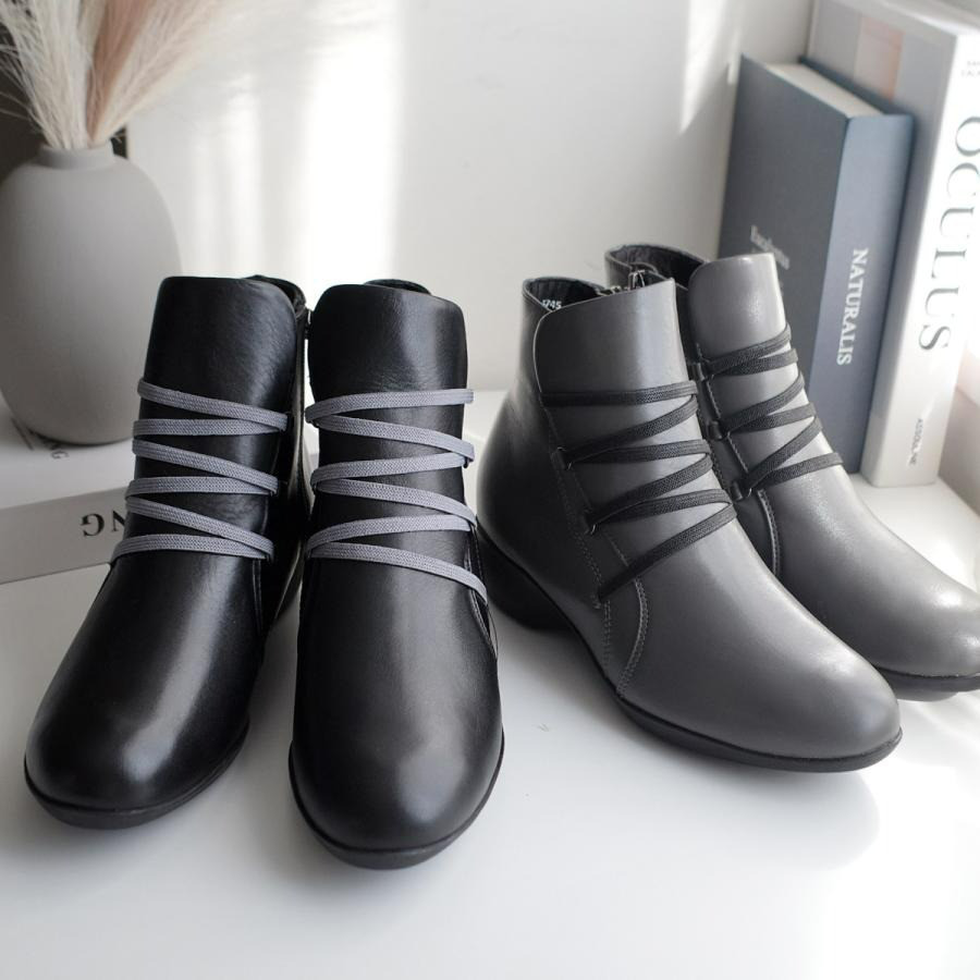 【期間中10%OFF】飾りゴムが印象的な本革ショートブーツ 防滑仕様 / PO5745