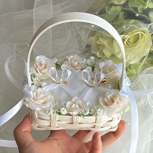 かご バスケット 小•横 エコクラフト リングガール リングピロー カゴ 結婚式 人気のオフホワイトのバラ♡ナチュラル♡グリーン♡リングボーイ