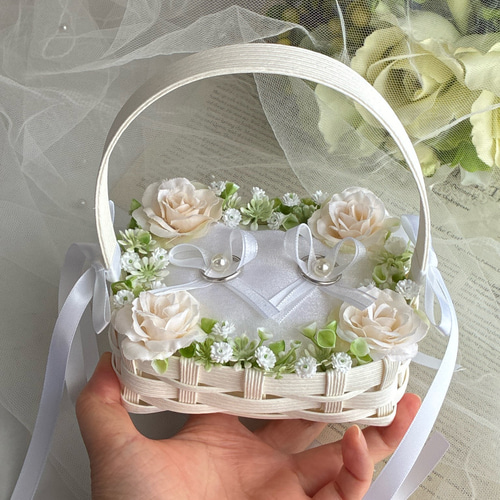 かご バスケット 小•横 エコクラフト リングガール リングピロー カゴ 結婚式 人気のオフホワイトのバラ♡ナチュラル♡グリーン♡リングボーイ