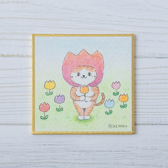 猫は鈍色の嘆きの三日月に寄り添う(size11x11)小さな水彩画 原画