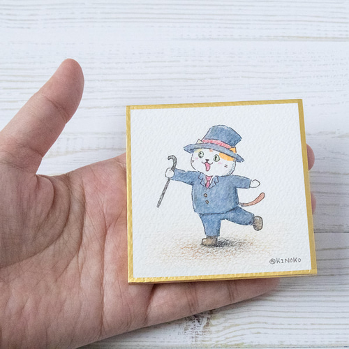 ミニ色紙 タキシード ねこ 原画 / シルクハット ネコ 水彩