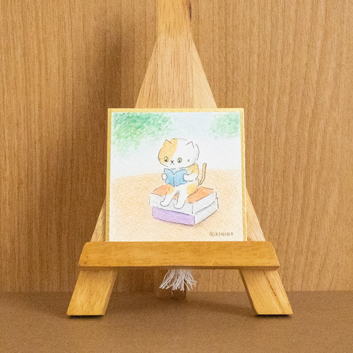 原画 豆色紙 読書 ねこ 75mm / どくしょ 本 ネコ 水彩 イラスト 猫