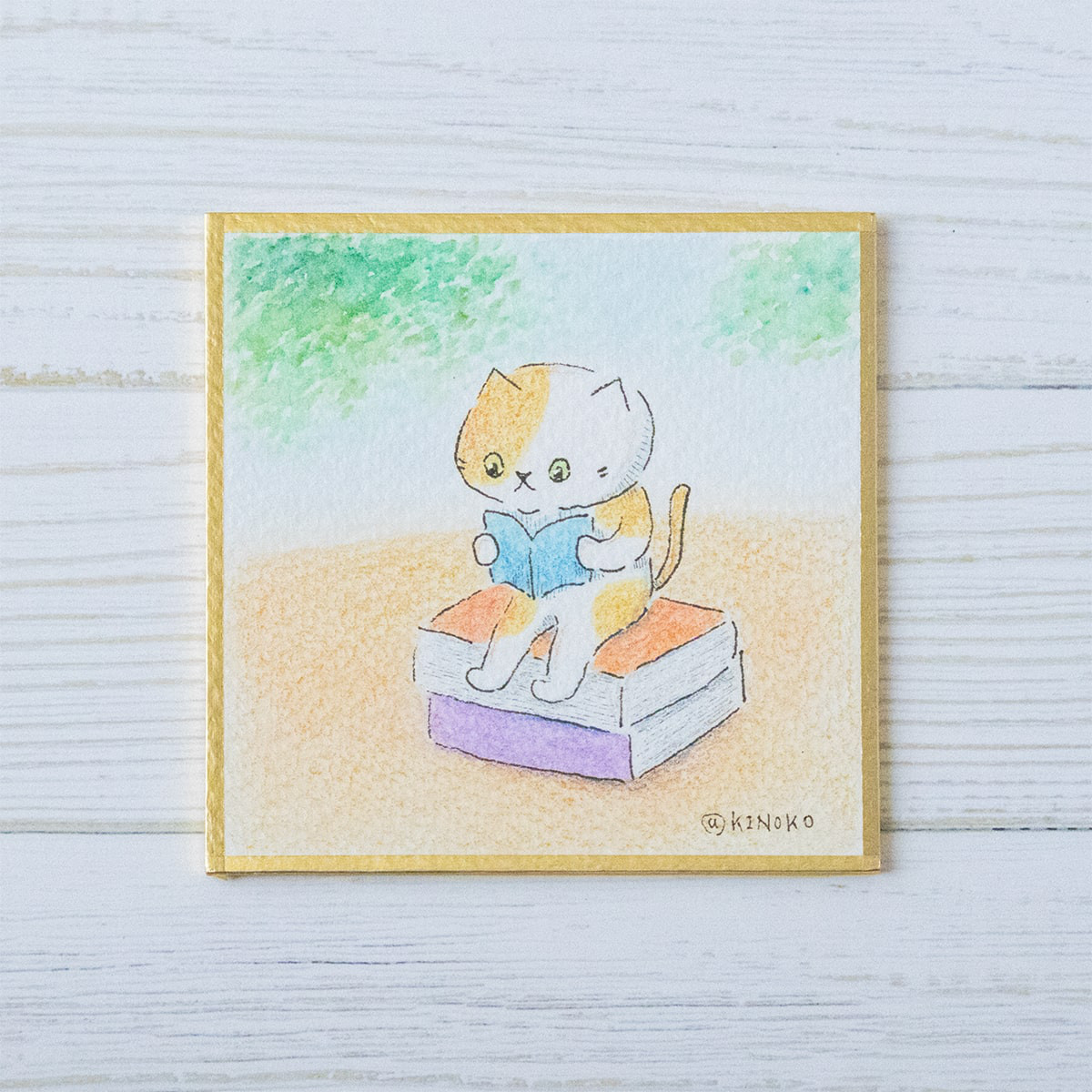 原画】「興味津々」／金魚と猫／色紙額入り 絵画 猫心～にゃん