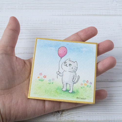 ミニ色紙 風船 ねこ 原画 / ふうせん 空 ナチュラル ネコ 水彩
