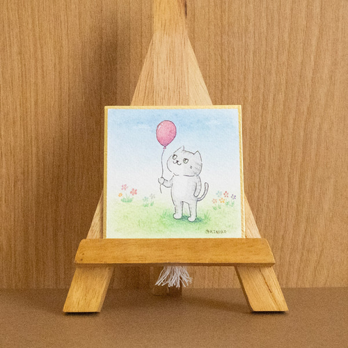 ミニ色紙 風船 ねこ 原画 / ふうせん 空 ナチュラル ネコ 水彩
