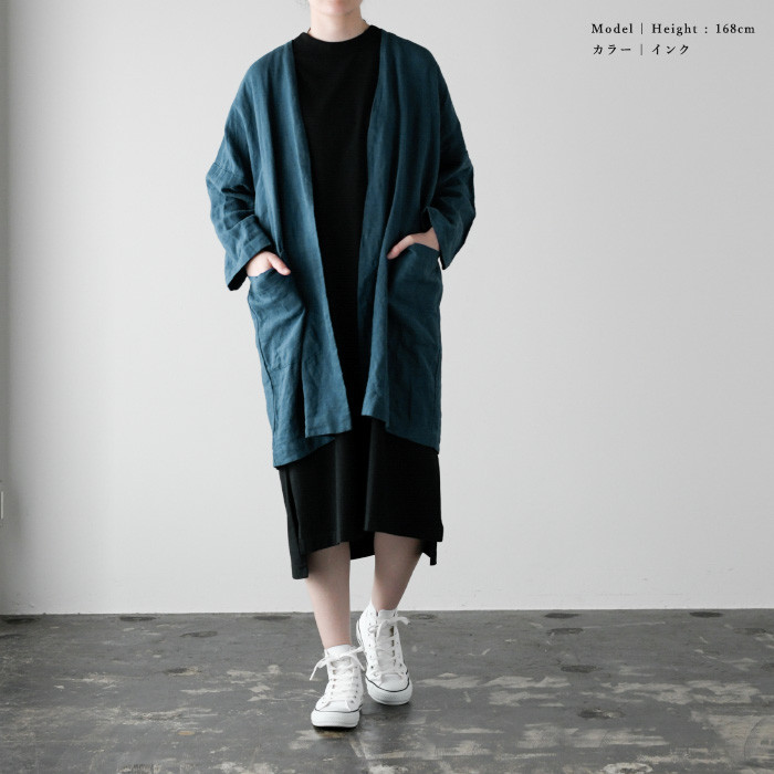 【お好きな色で作ります】洗いこまれた ベルギーリネンのノーカラー コート 羽織り物 ユニセックス＜PEPE＞