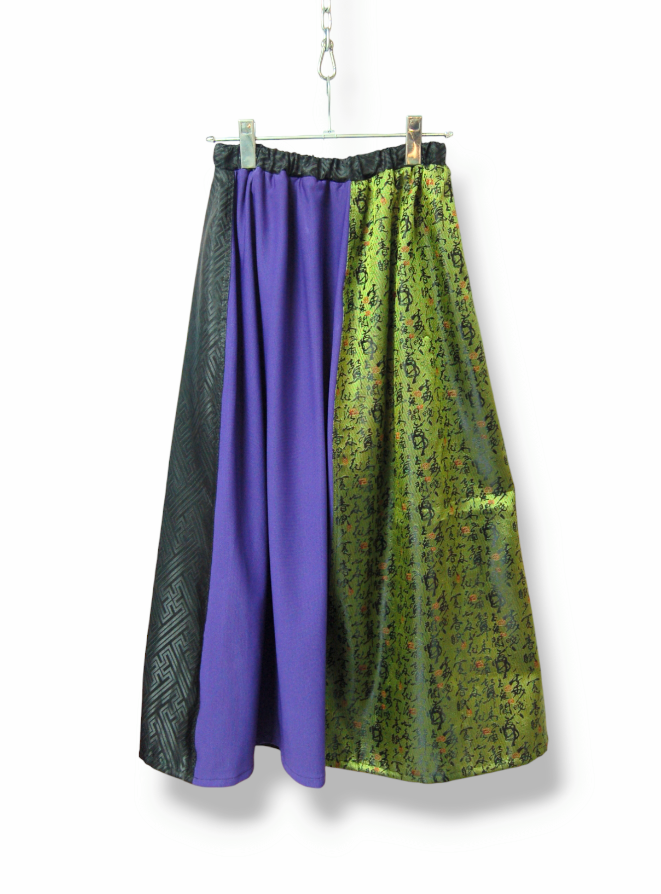 漢字チャイナ×パープル　ミックスサーキュラーフレアロングスカート