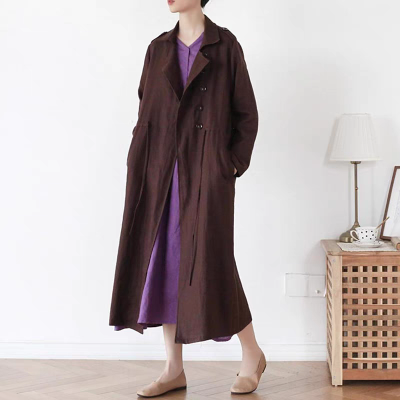 ワンピース風に着こなせる上品なドロストデザイン♪襟付きリネンコート