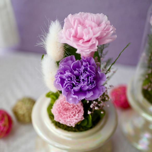 「仏花」カーネーションのガラスドーム プリザーブドフラワー＜受注制作＞お供え花 3枚目の画像
