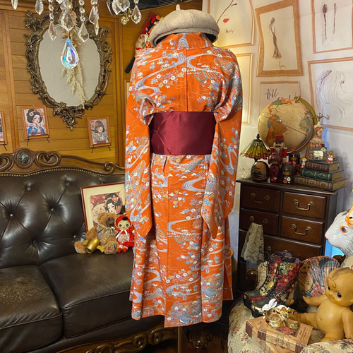 着物 リメイク ワンピース ドレス 洗える 化繊 名古屋帯サッシュベルト